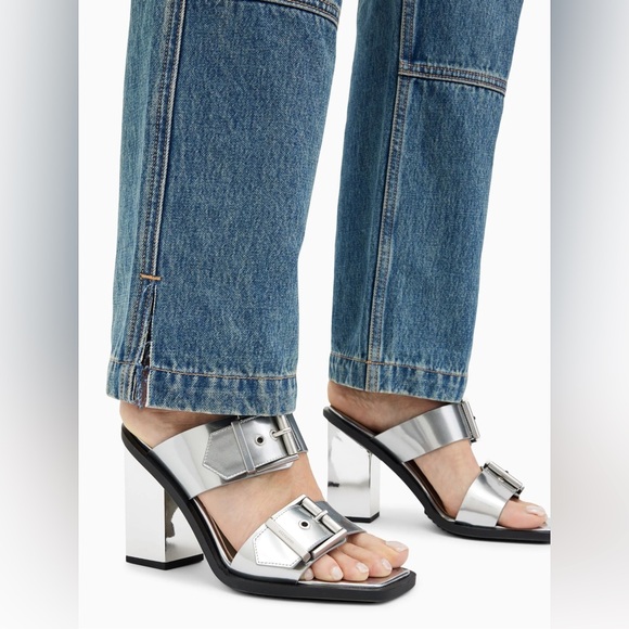 AllSaints Camille Silver Chrome Mirror Block Heel Sandals Sz 36 NIB - Picture 2 of 8
